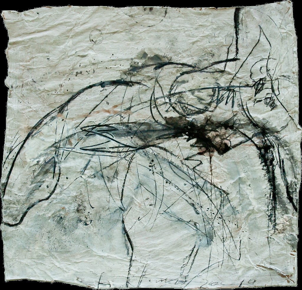 Erkenntnisraum im Sternenzelt, 2011, Kohle und Acryl auf collagiertem Packpapier, ca. 62 x 68 cm