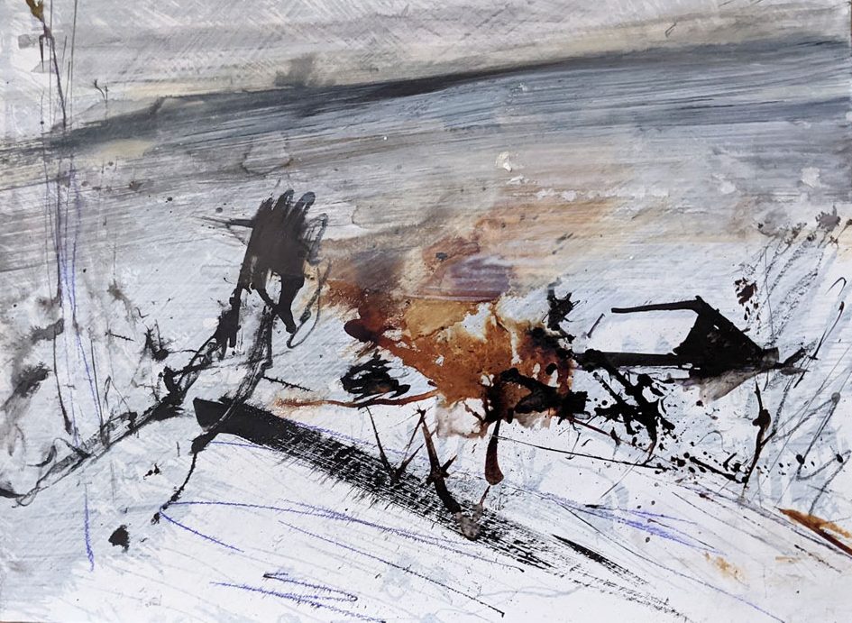 „Hommage an Lovis Corinth/Serien Walchensee“, 2020, Mischtechnik auf Papier, 28 x 37 cm
